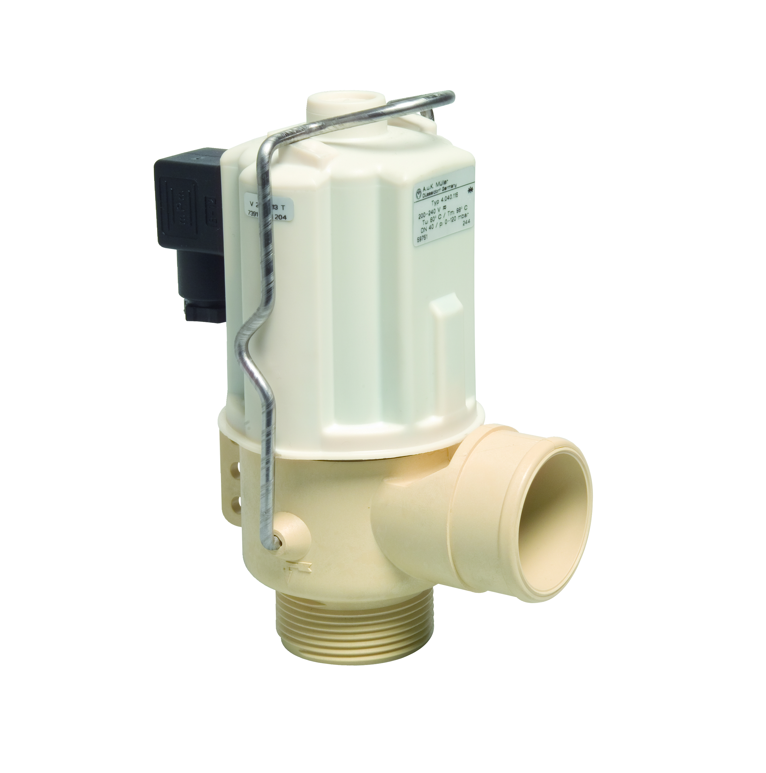 Ablassventil für Milchtank 40mm 230V, 1 1/2" Gewinde unten, stromlos geschlossen