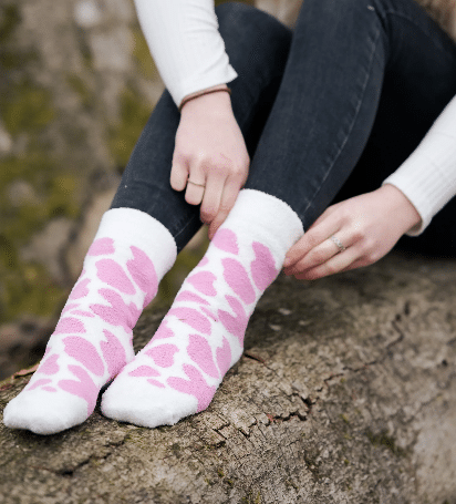 Country Moos Fluffy Pink Cow Print Crew Socks