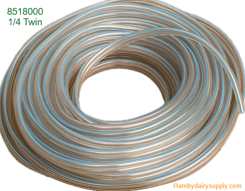Double Hose 1/4 ID BouMatic ** Twin Clear Pulsation Tubing Blue Stripe 100 foot roll 4999-1090-019