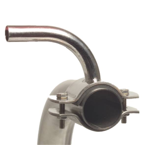 Edelstahl-Milchanschluss mit Rohrschelle, 90° Stutzen, senkrecht