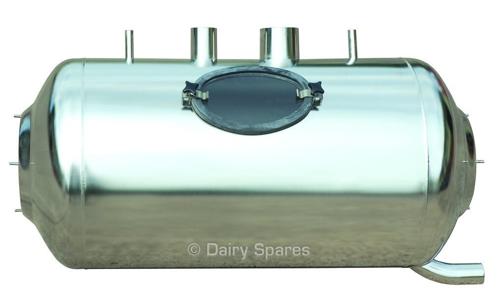 Stainless Steel Horizontal Receiving Vessel 40mm Right Handed Outlet, 2x16mm Wash Nipples, 50mm Probe Port, 76mm Port for Sanitary Trap, Clear View Lid, No Milk Entry Ports – 77805A 77805A