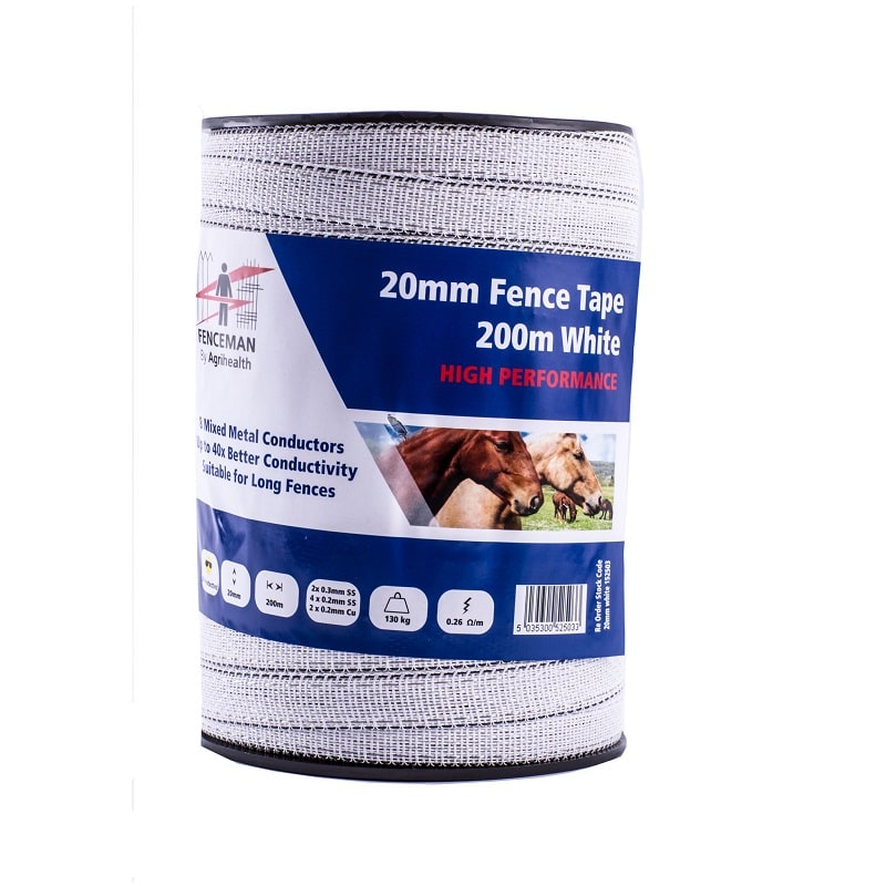 Fenceman 20mm high performance white tape 200m
