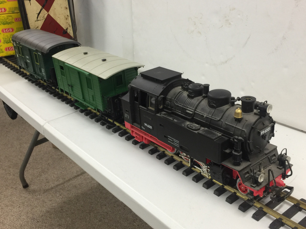 LGB 45 year old 5 piece Train + real German Kero Signal Light - yellow boxes - G scale -1970s 816-449-1314